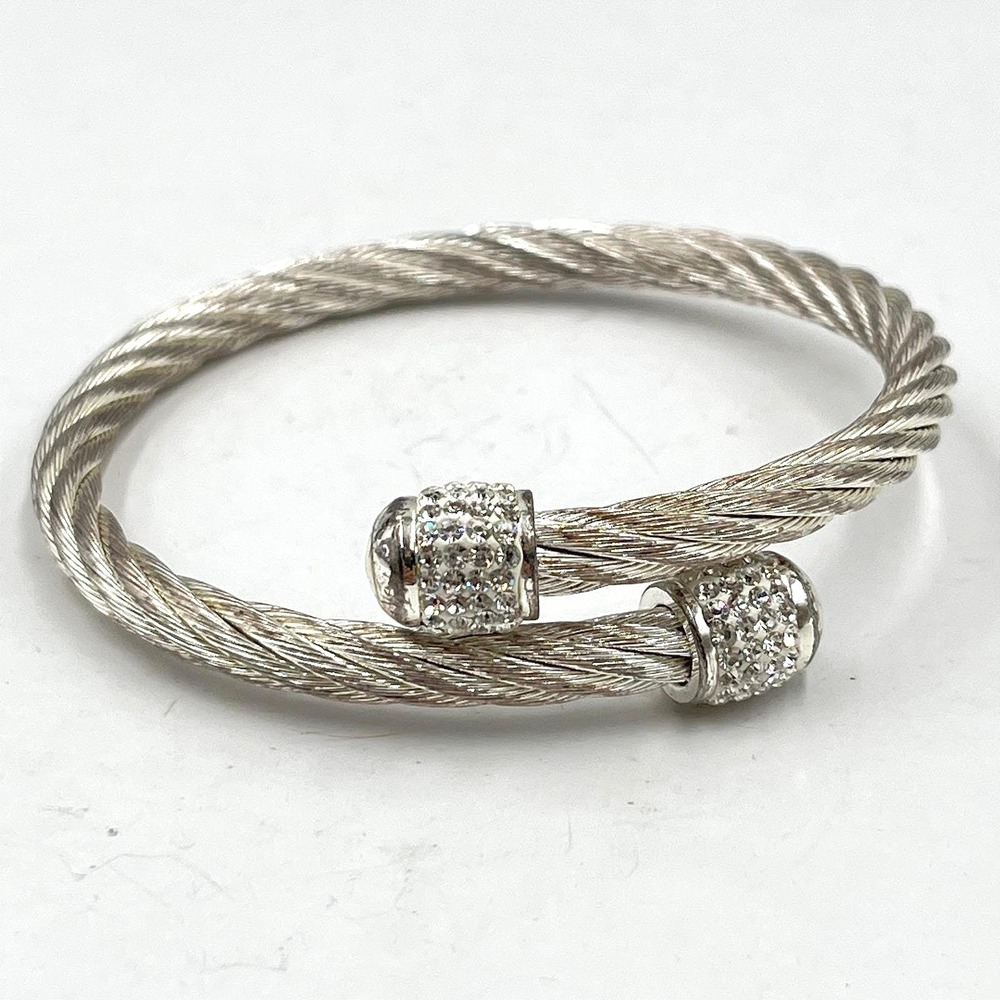 Vintage Silver Tone Twisted Cable Bangle Bracelet Sparkling Pave Crystal End Cap